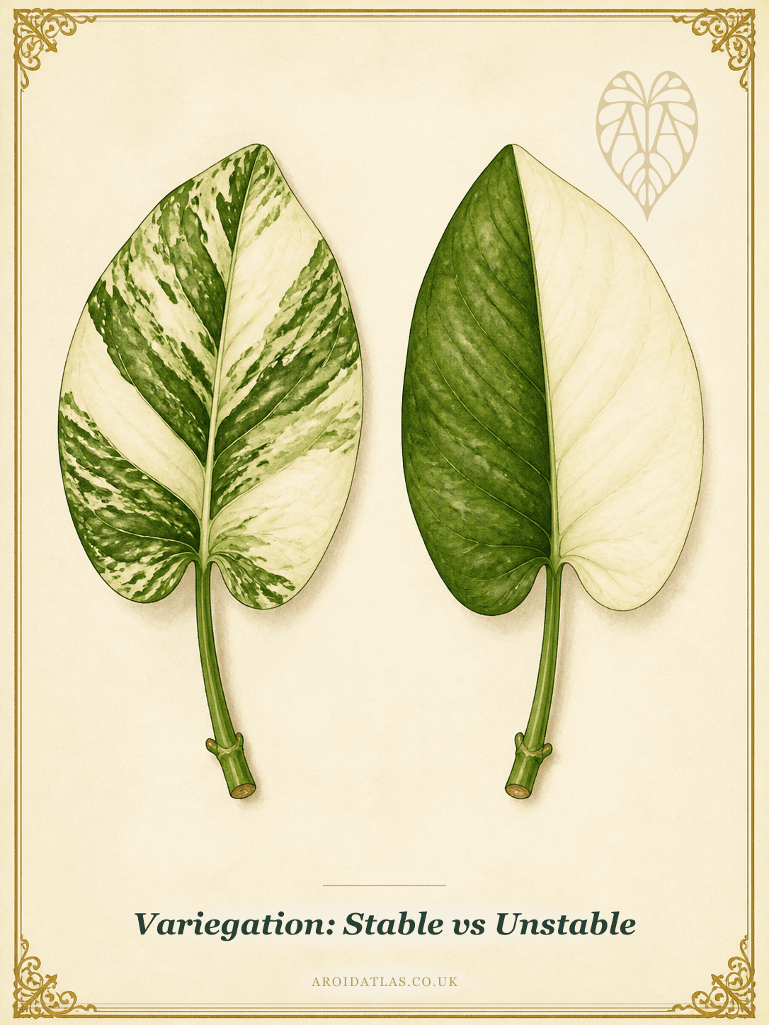 Even marbling on the left against a clean half-and-half split on the right: the same word, 'variegated,' describing two genetically different situations.