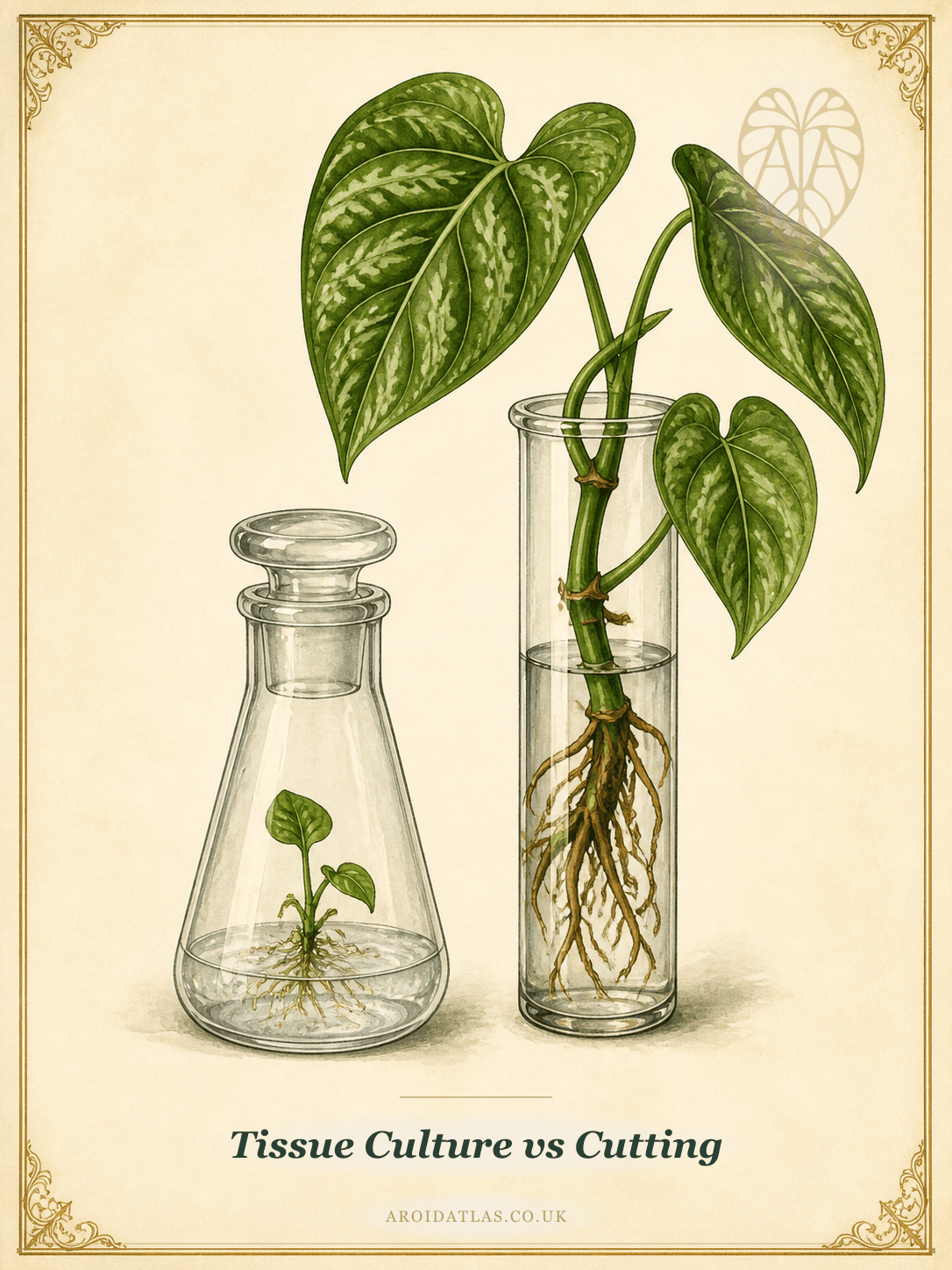 A lab flask plantlet beside a rooted stem cutting: the same cultivar, produced two different ways, priced two different ways.