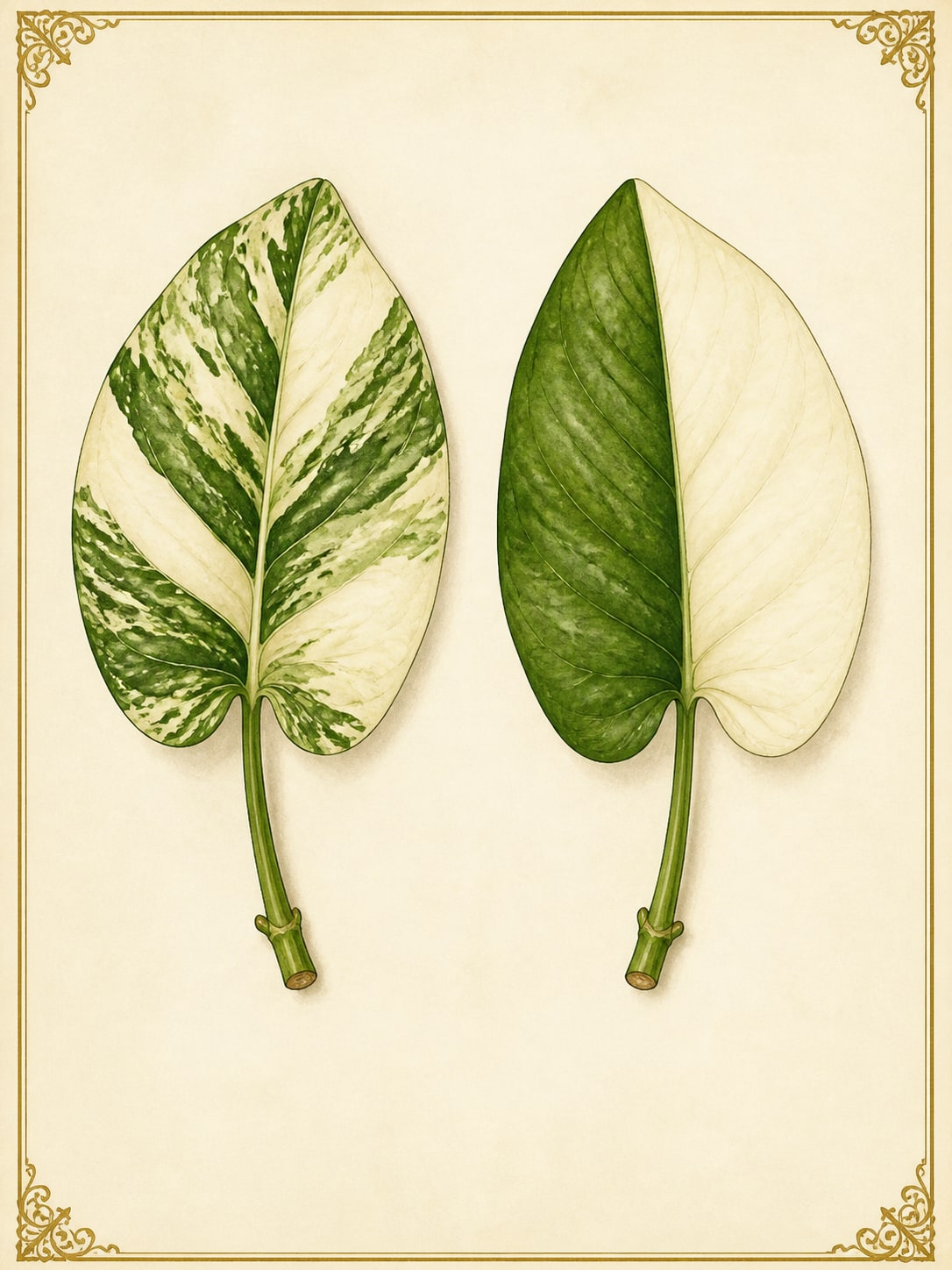 Even marbling on the left against a clean half-and-half split on the right: the same word, 'variegated,' describing two genetically different situations.