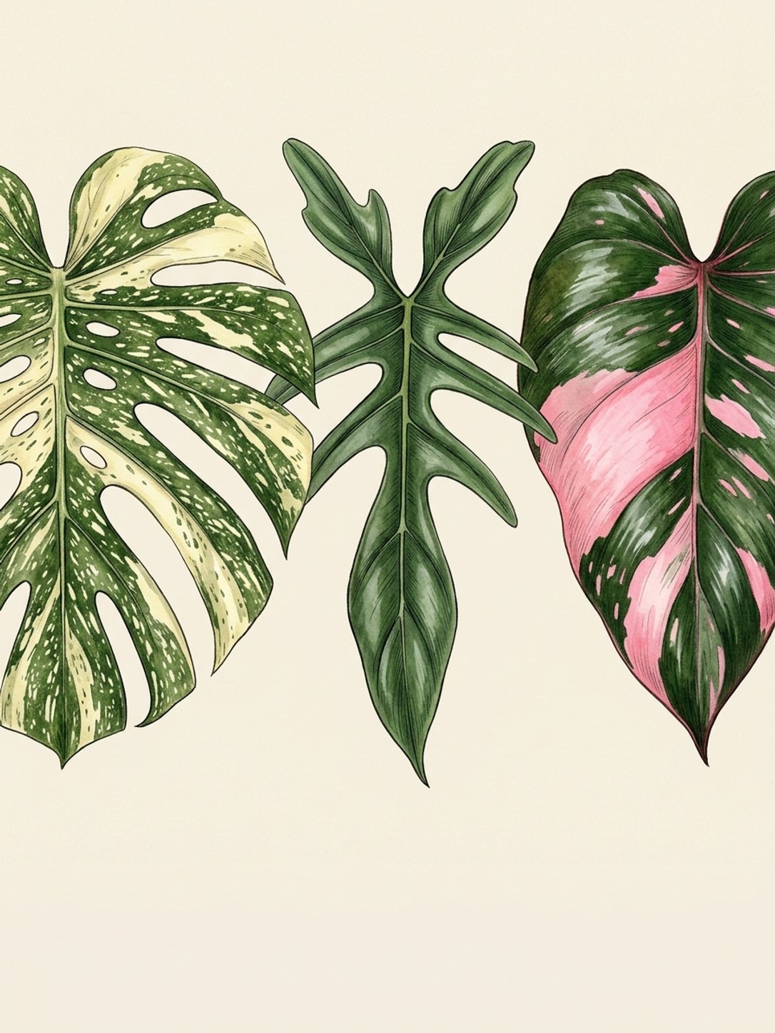 Three cultivars illustrating how mass propagation and tissue culture reduce rare aroid prices over time: Monstera Thai Constellation, Philodendron spiritus-sancti, and Philodendron Pink Princess.