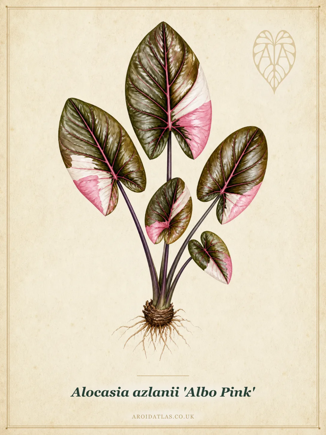 Alocasia azlanii 'Albo Pink' (Albo Pink Variegated Azlanii) botanical specimen illustration