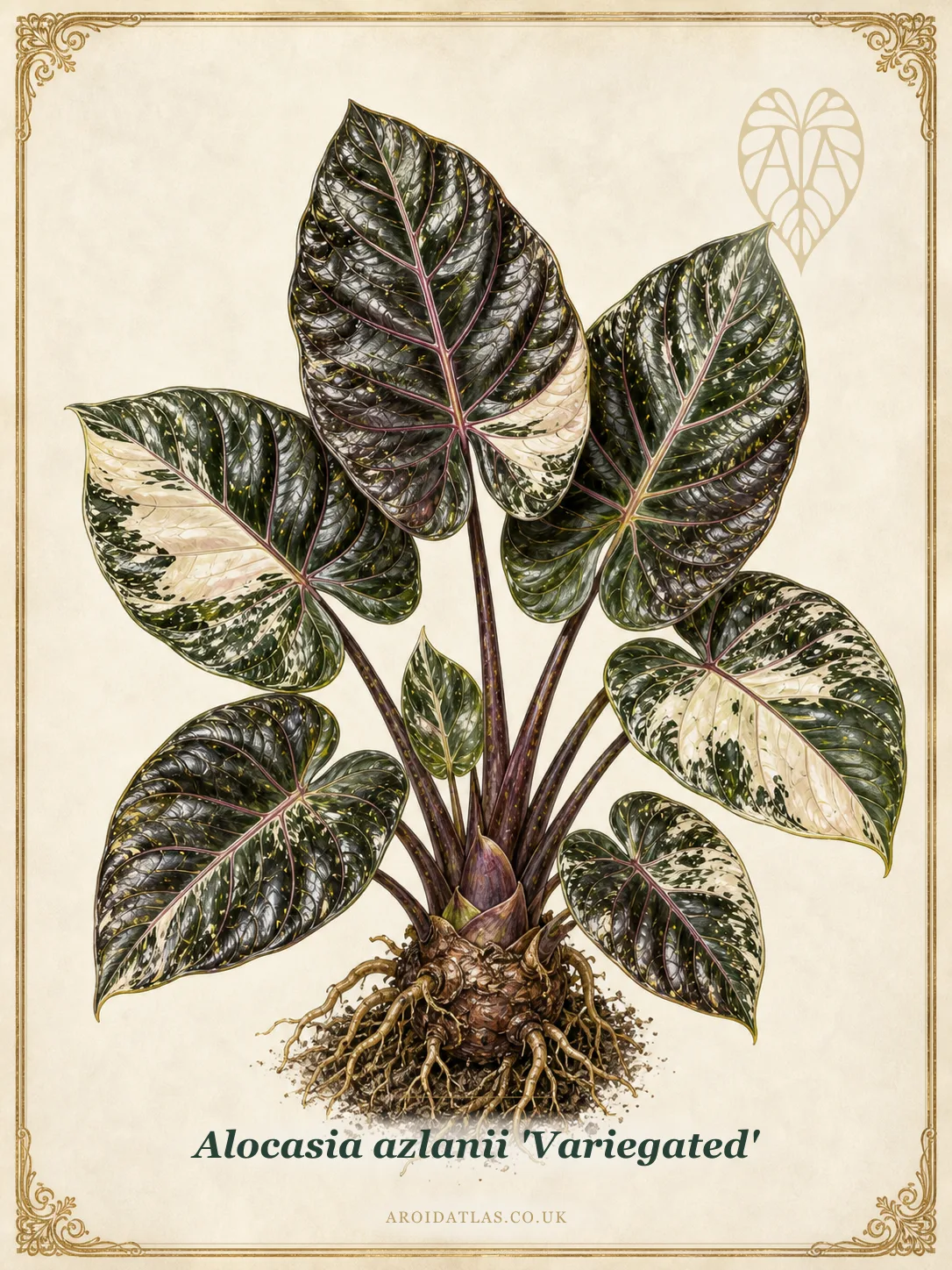 Botanical leaf study of Alocasia azlanii 'Variegated'