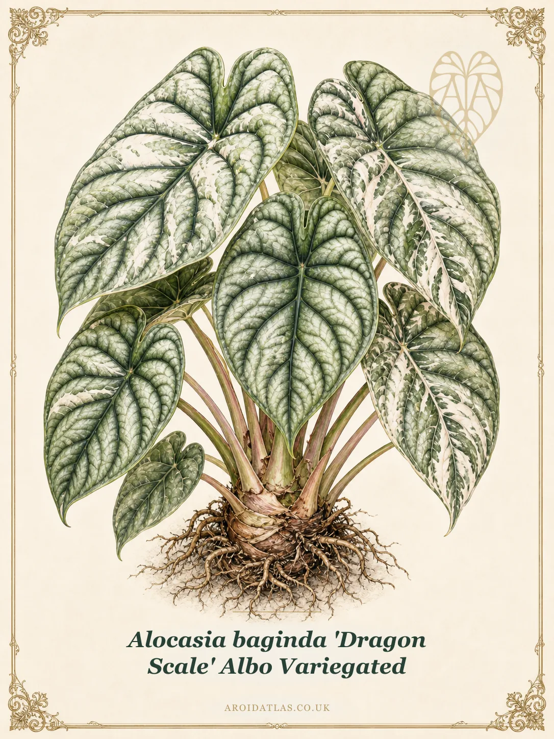 Botanical leaf study of Alocasia baginda 'Dragon Scale' Albo Variegated