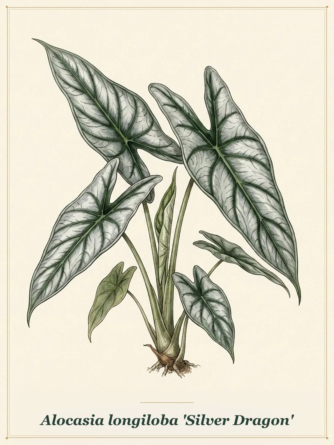Botanical leaf study of Alocasia longiloba 'Silver Dragon'