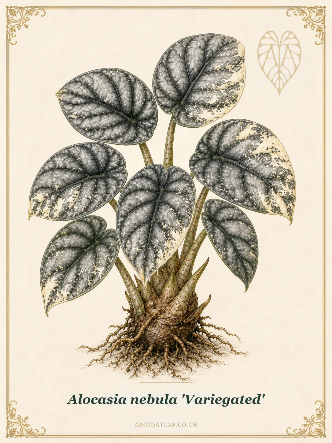 Botanical leaf study of Alocasia nebula 'Variegated'