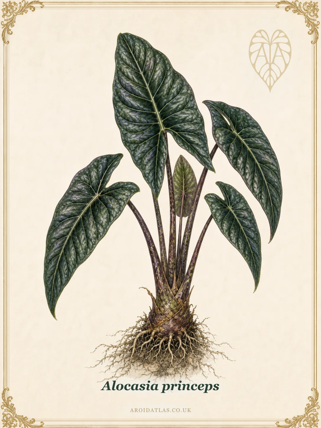 Alocasia princeps (Princeps Shield Alocasia) botanical specimen illustration