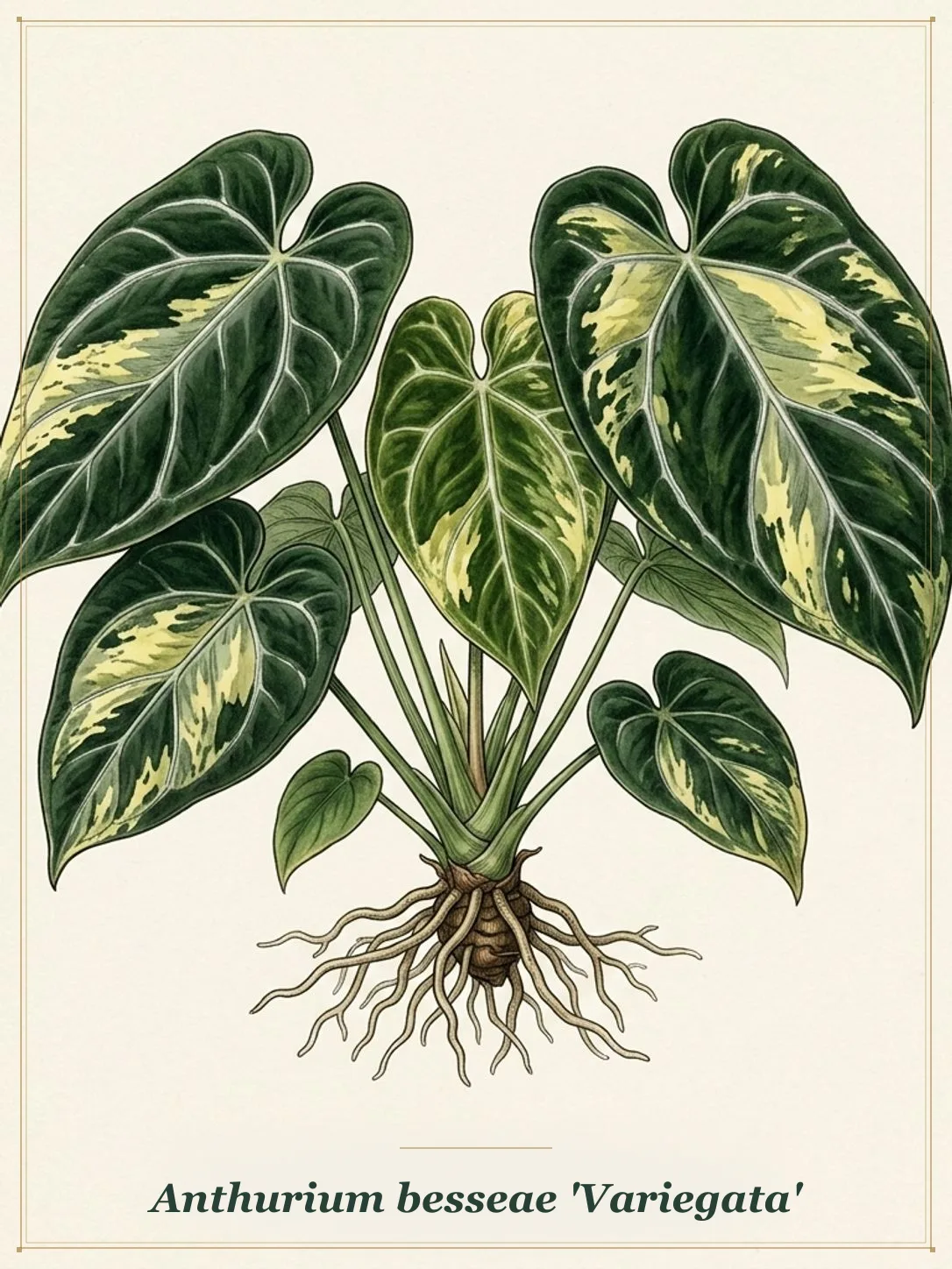 Botanical leaf study of Anthurium besseae 'Variegata'