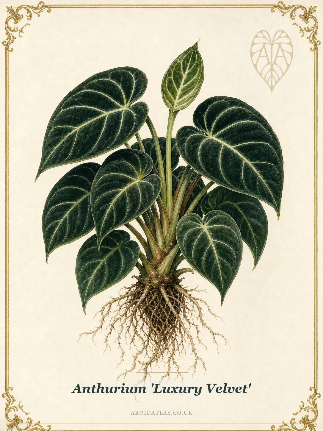 Anthurium 'Luxury Velvet' (Luxury Velvet Anthurium) botanical specimen illustration