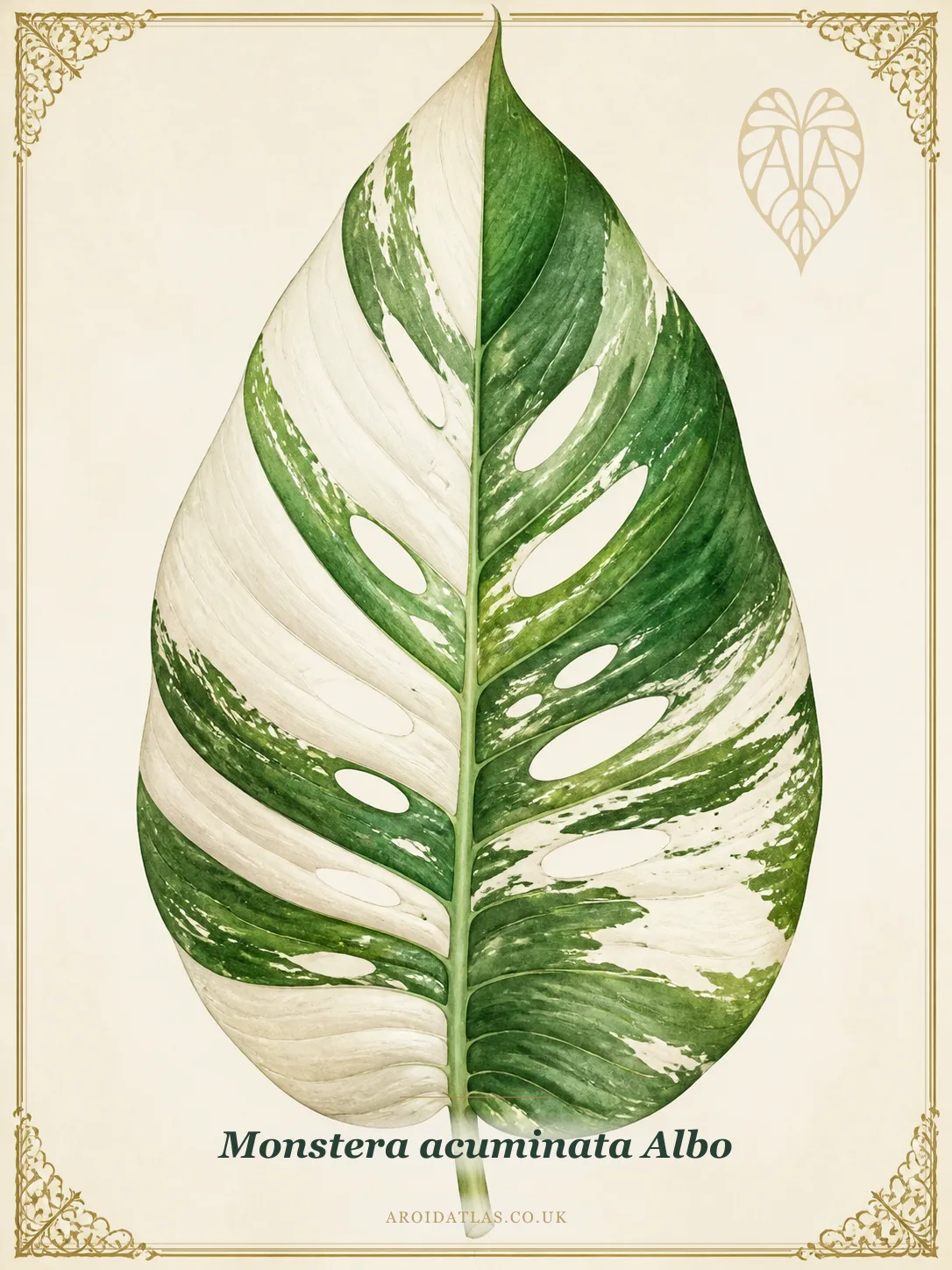 Botanical leaf study of Monstera acuminata Albo