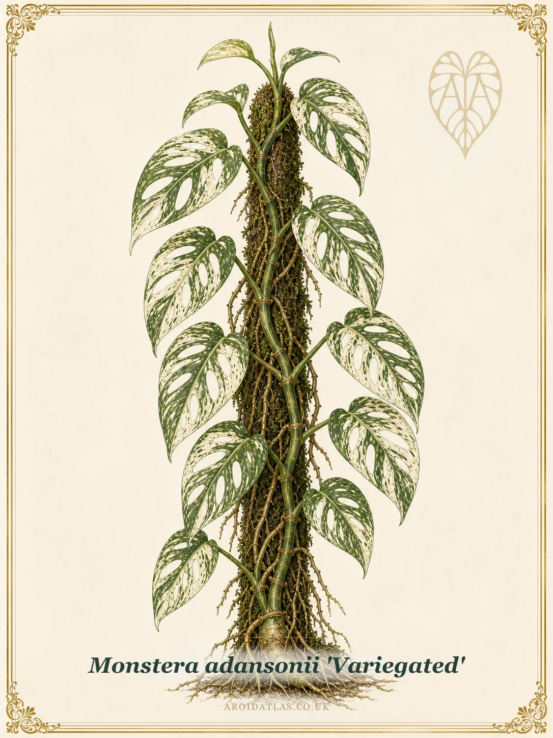 Botanical leaf study of Monstera adansonii 'Variegated'